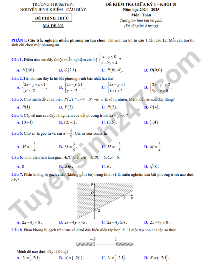 De kiem tra giua ki 1 lop 10 mon Toan - THCS&THPT Nguyen Binh Khiem 2024