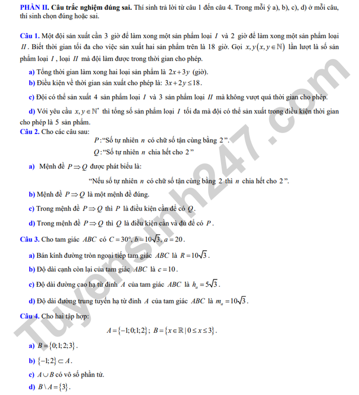 De kiem tra giua ki 1 lop 10 mon Toan - THCS&THPT Nguyen Binh Khiem 2024