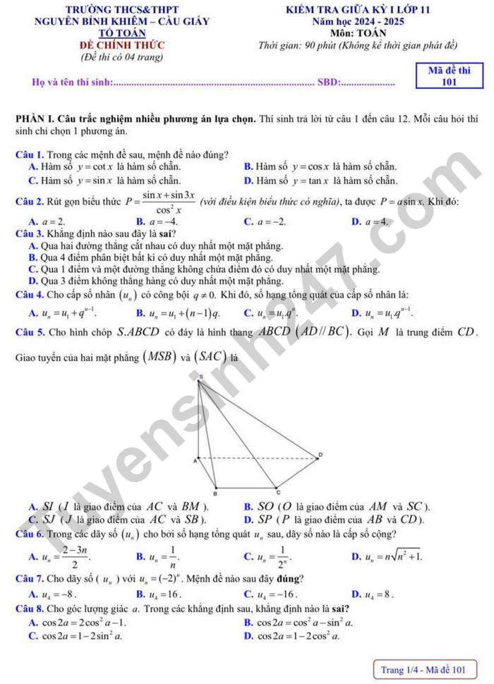 De thi giua ki 1 lop 11 mon Toan - THCS&THPT Nguyen Binh Khiem 2024