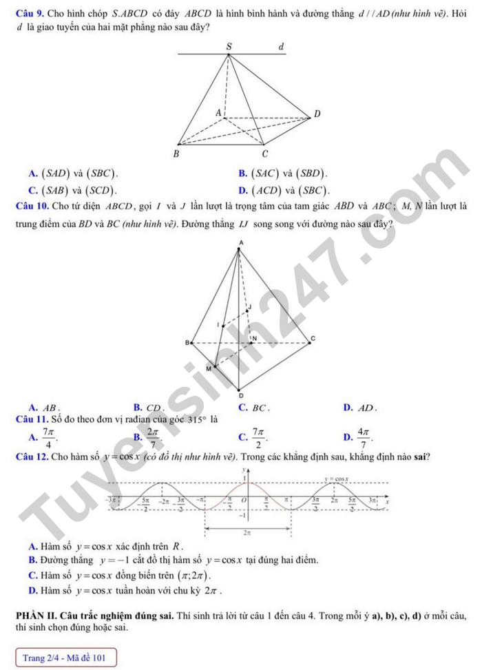 De thi giua ki 1 lop 11 mon Toan - THCS&THPT Nguyen Binh Khiem 2024
