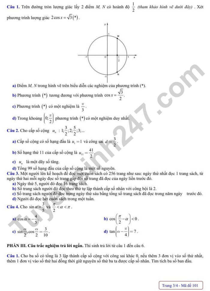 De thi giua ki 1 lop 11 mon Toan - THCS&THPT Nguyen Binh Khiem 2024