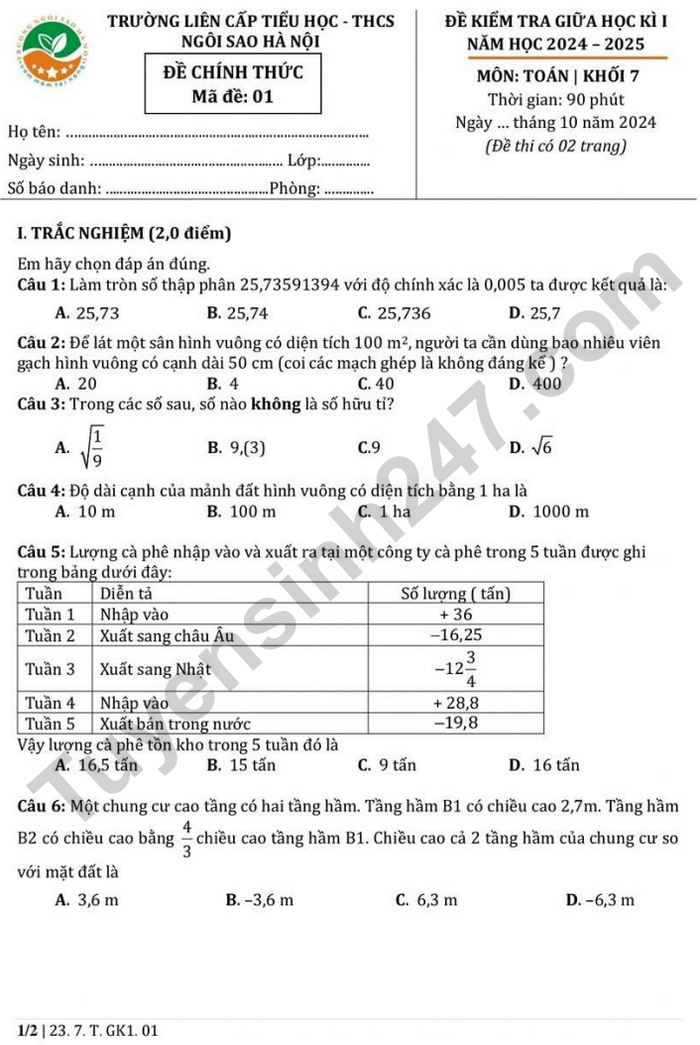 De thi giua ki 1 nam 2024 mon Toan lop 7 - TH&THCS Ngoi Sao Ha Noi