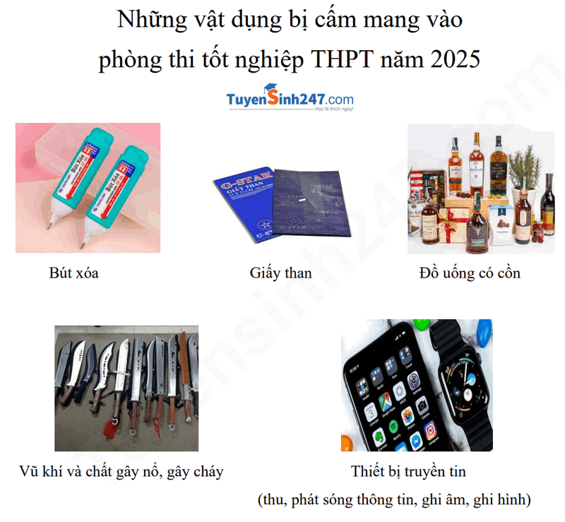 Nhung vat dung duoc mang vao va bi cam vao phong thi tot nghiep THPT 2025