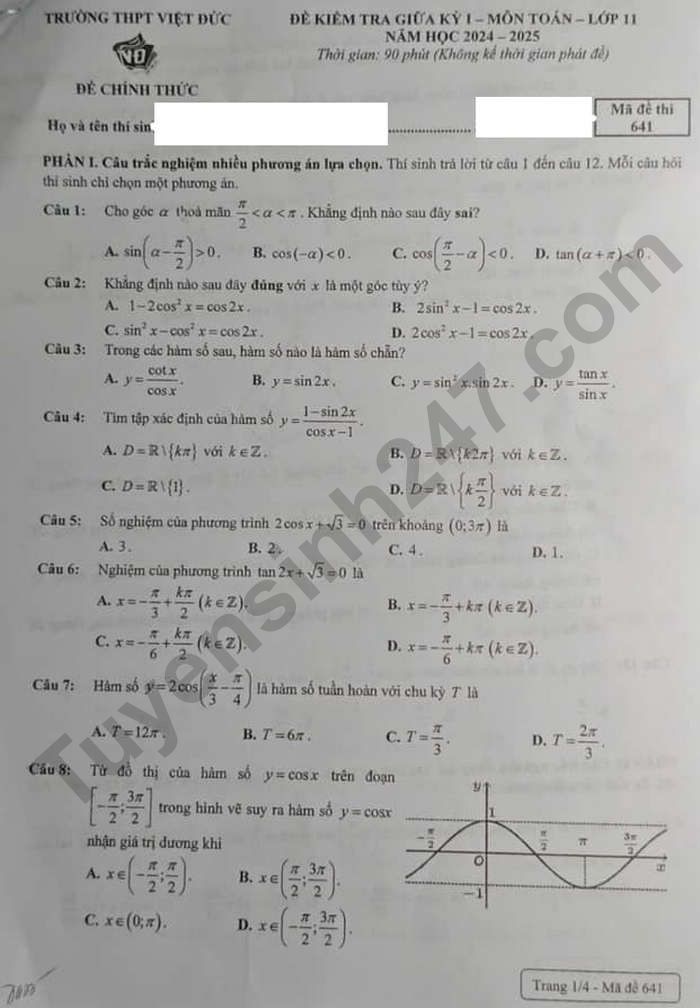 De thi giua ki 1 mon Toan lop 11 THPT Viet Duc 2024