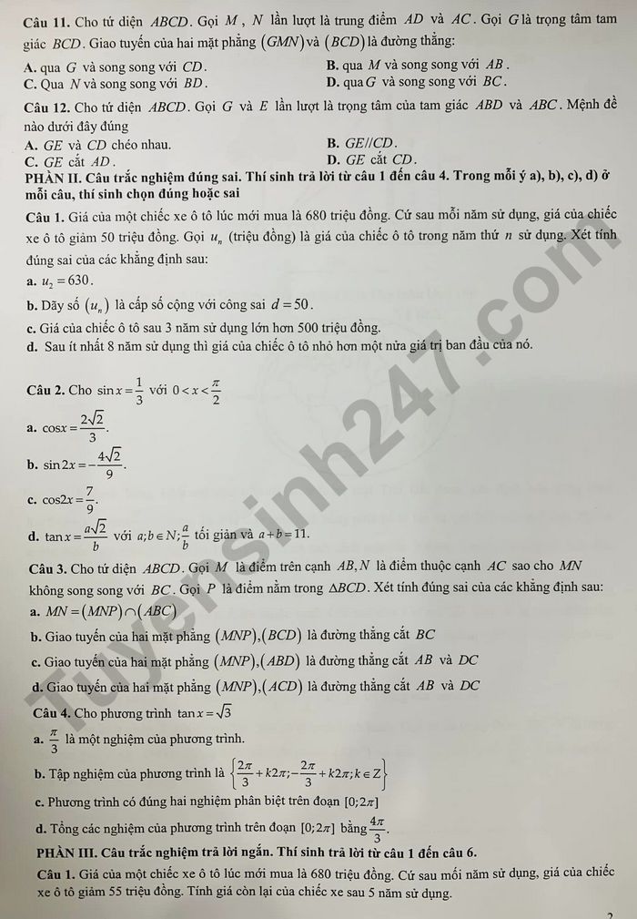 De kiem tra giua ki 1 lop 11 mon Toan 2024 - THPT Yen Mo B