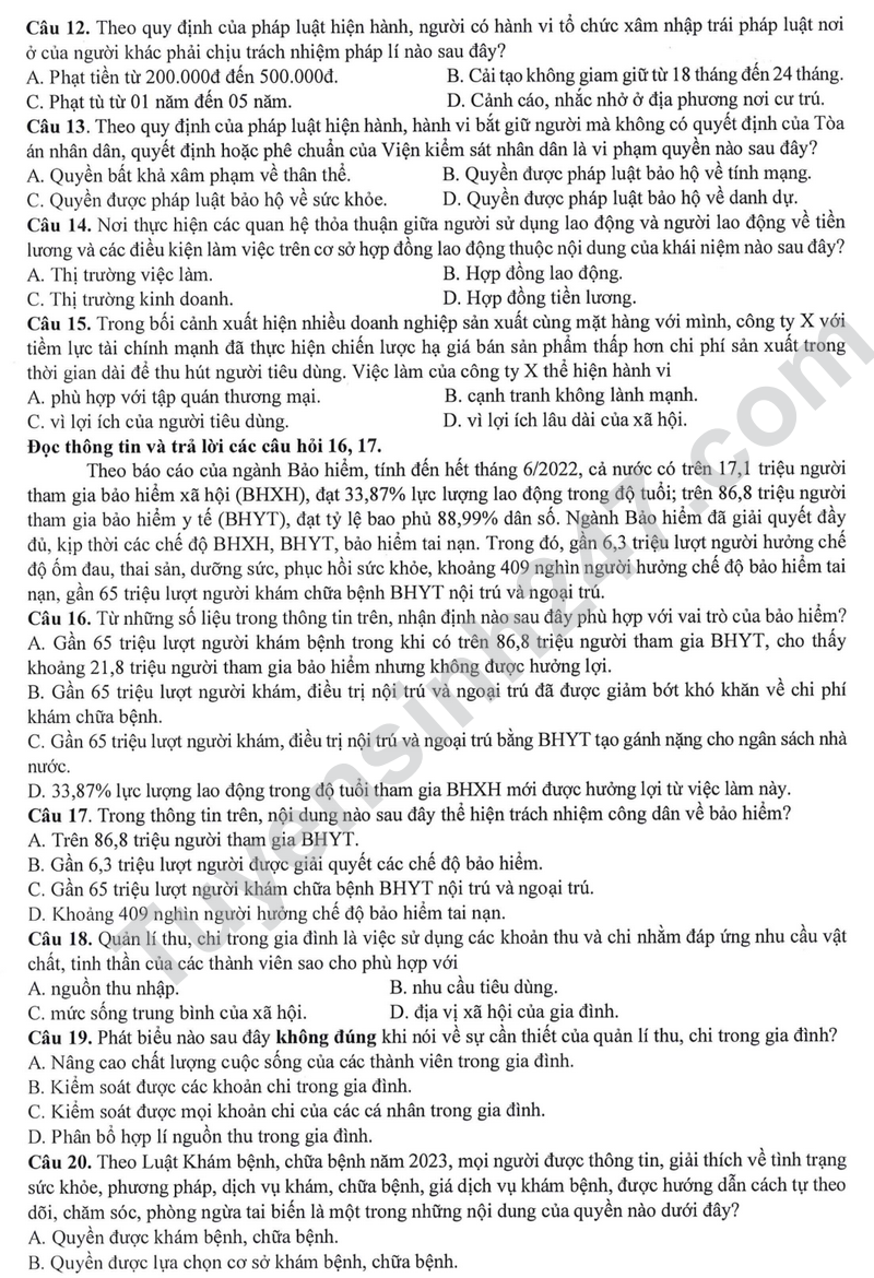 Dap an va de thi minh hoa mon Giao duc kinh te va phap luat tot nghiep THPT 2025