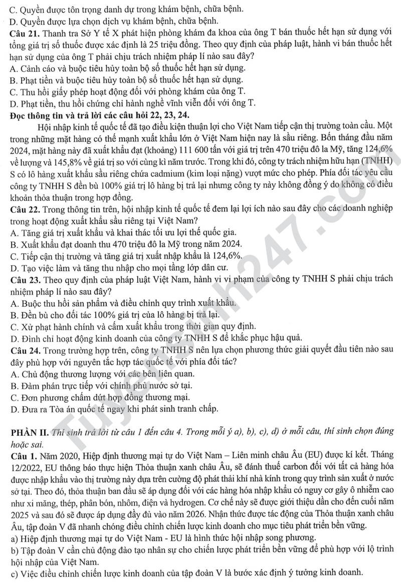 Dap an va de thi minh hoa mon Giao duc kinh te va phap luat tot nghiep THPT 2025