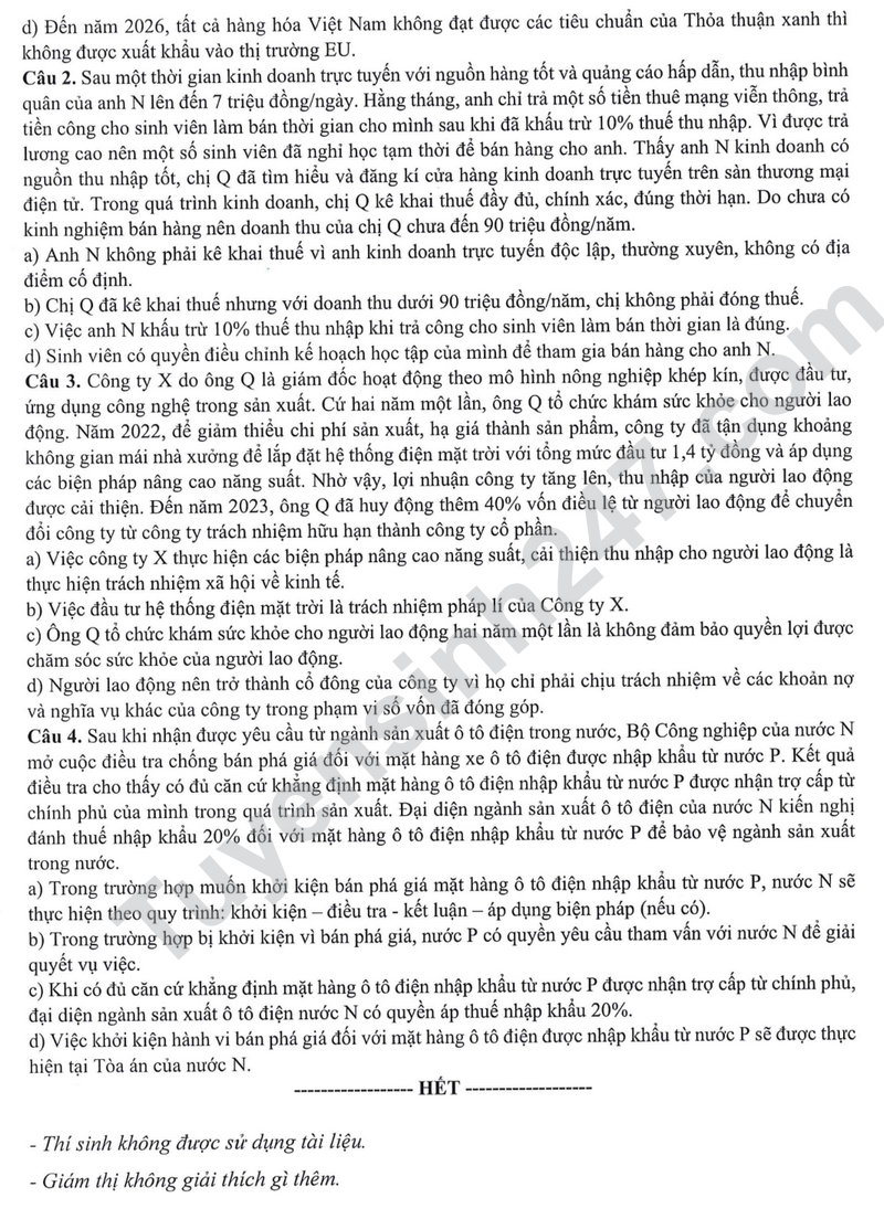 Dap an va de thi minh hoa mon Giao duc kinh te va phap luat tot nghiep THPT 2025