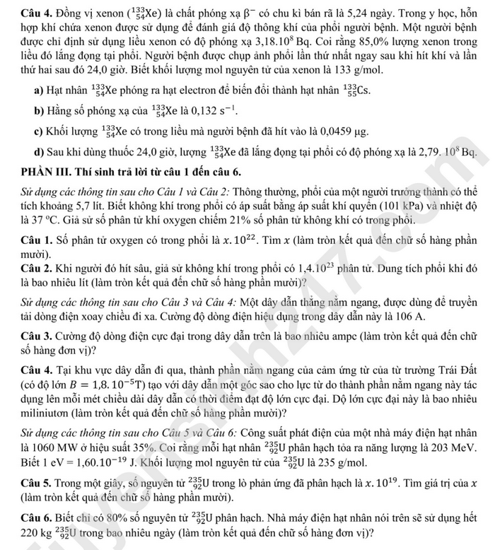 Dap an de thi minh hoa mon Ly tot nghiep THPT 2025