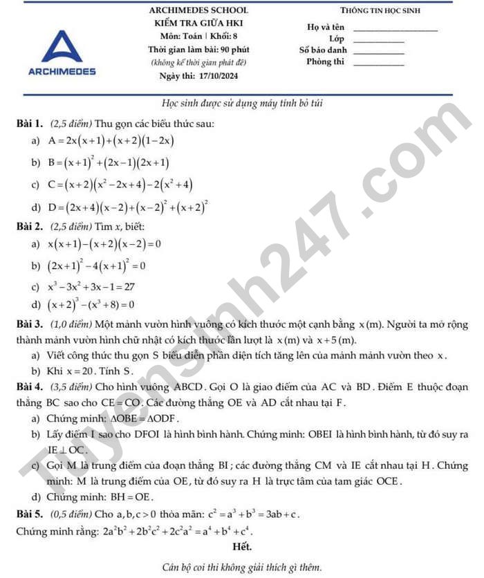 De kiem tra giua ki 1 mon Toan 8 - Archimedes School 2024