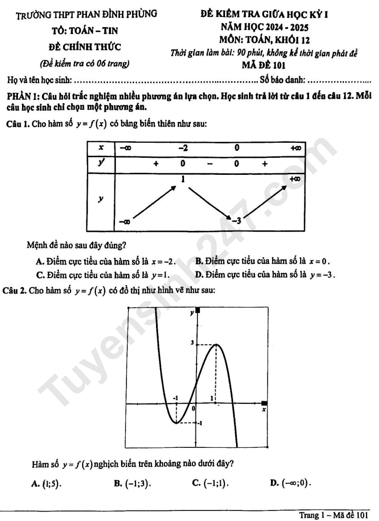 De thi giua ki 1 lop 12 mon Toan 2024 - THPT Phan Dinh Phung