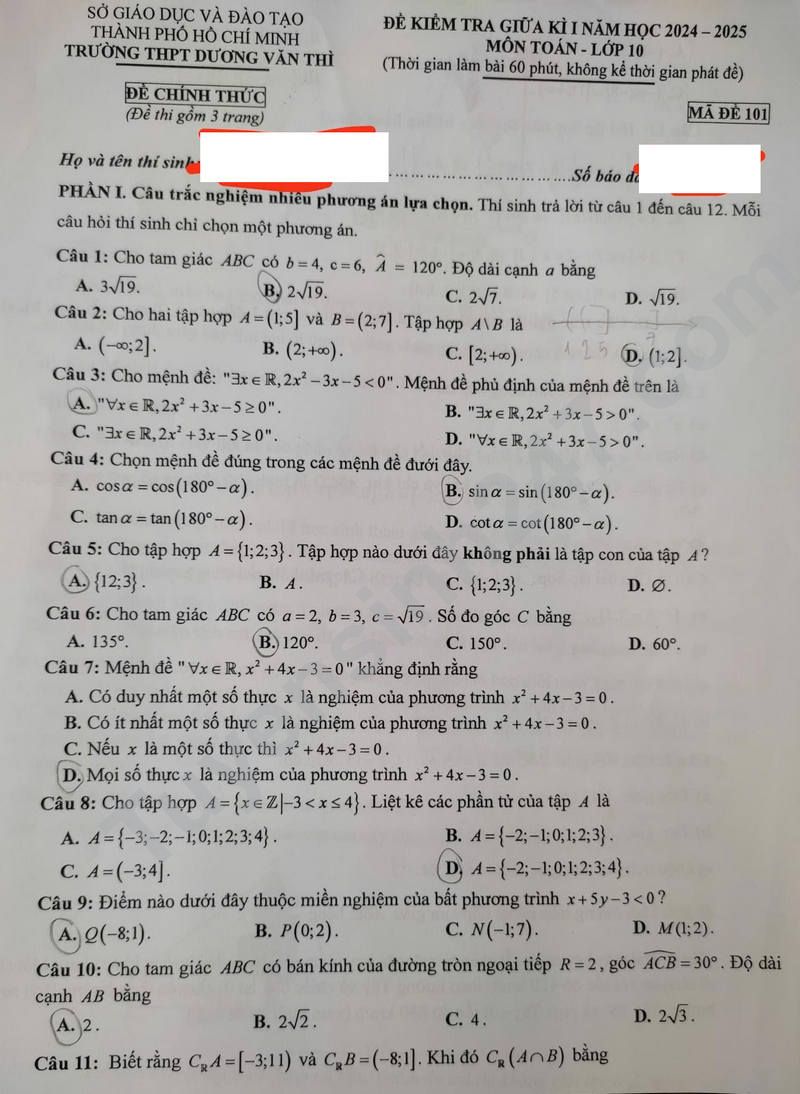 De thi giua ky 1 mon Toan lop 10 nam 2024 - THPT Duong Van Thi