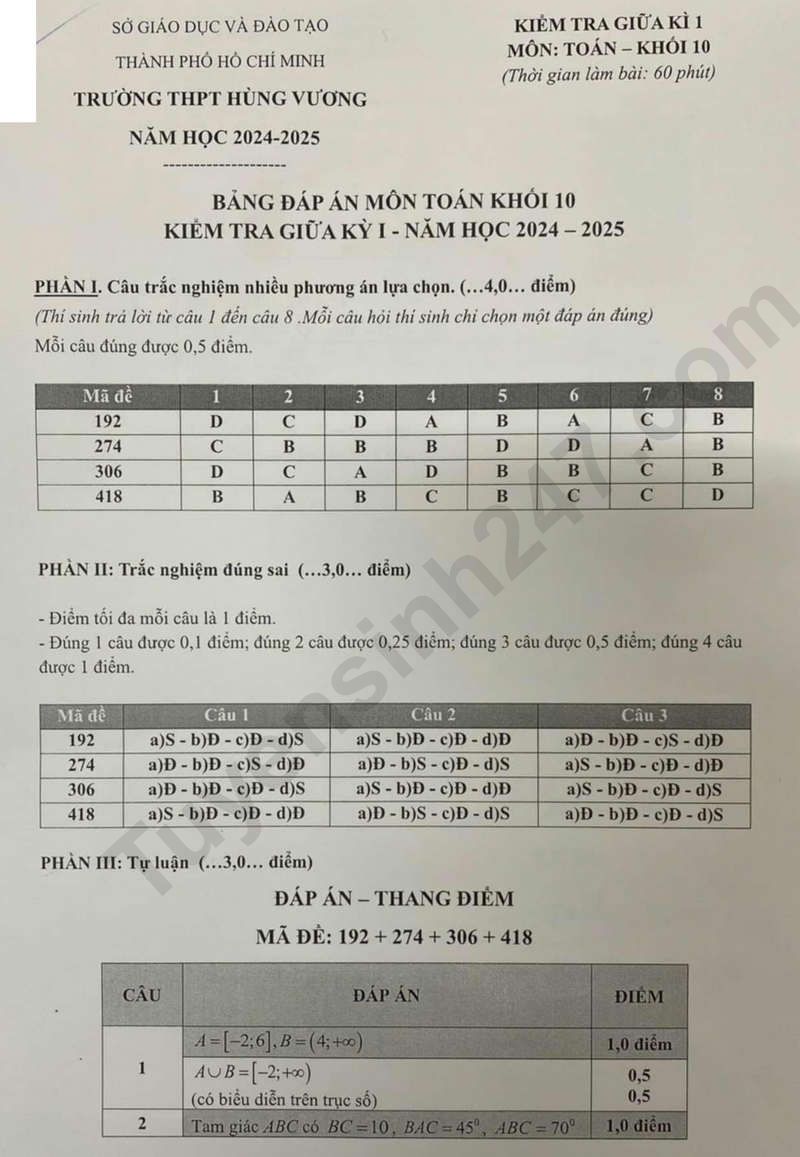 De thi giua ki 1 mon Toan lop 10 - THPT Hung Vuong 2024