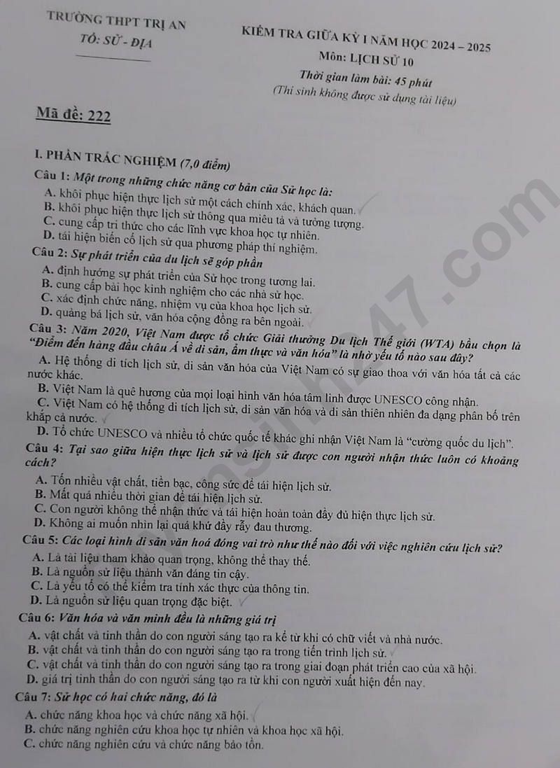 De thi giua HK1 mon Su lop 10 nam 2024 - THPT Tri An