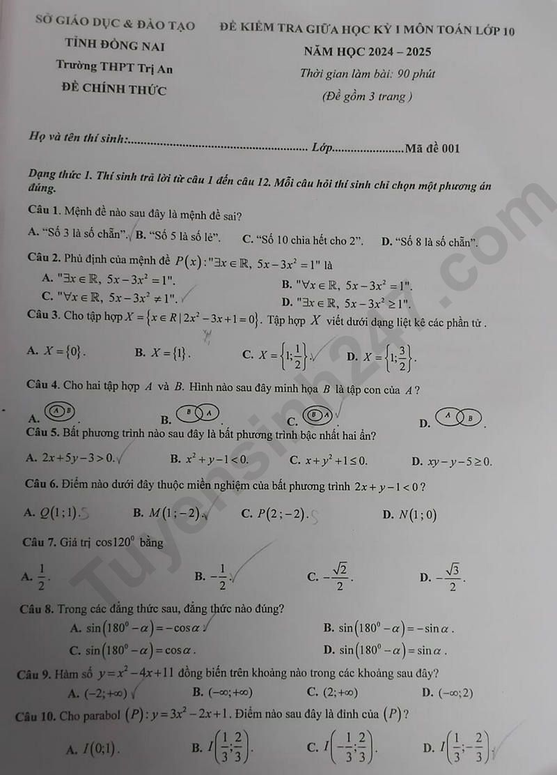 De thi giua HK1 lop 10 mon Toan - THPT Tri An 2024