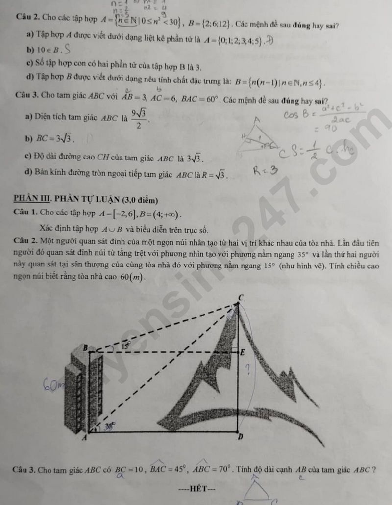 De thi giua ki 1 mon Toan lop 10 - THPT Hung Vuong 2024