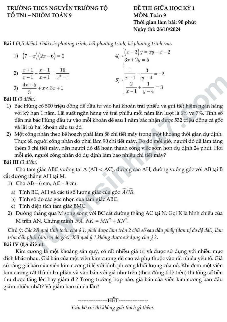 De thi giua HK1 mon Toan lop 9 - THCS Nguyen Truong To 2024