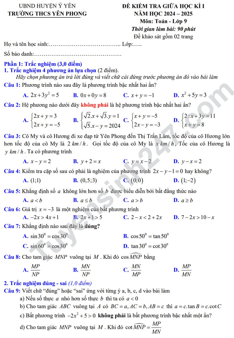 De thi giua ki 1 Toan lop 9 nam 2024 - THCS Yen Phong (Co dap an)