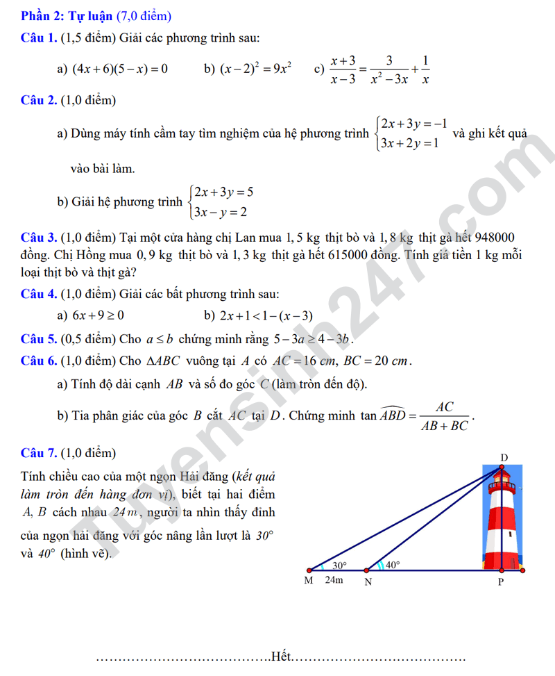 De thi giua ki 1 Toan lop 9 nam 2024 - THCS Yen Phong (Co dap an)