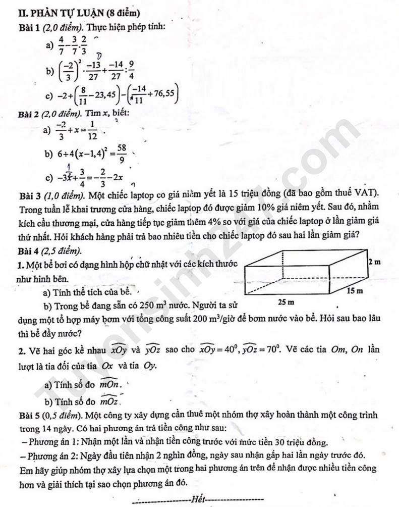 De thi giua ki 1 mon Toan lop 7 - THCS Chu Van An 2024