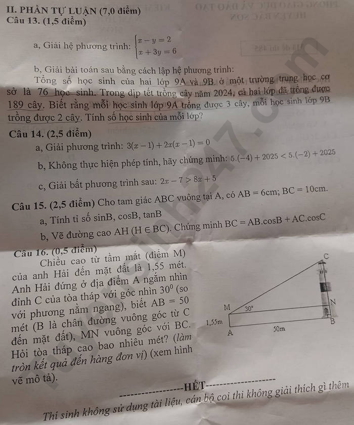 De thi giua ki 1 mon Toan lop 9 - Phong GD Bac Son 2024