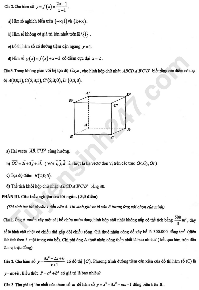 De thi giua ky 1 Toan lop 12 - THPT Hung Vuong 2024