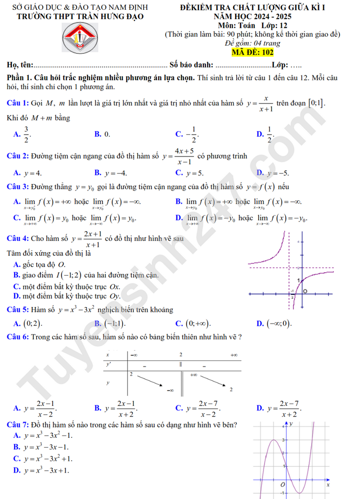 De thi giua ki 1 mon Toan lop 12 nam 2024 - THPT Tran Hung Dao