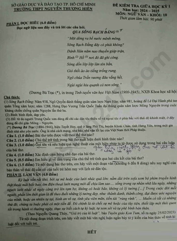 De thi giua ki 1 lop 10 mon Van 2024 - THPT Nguyen Thuong Hien