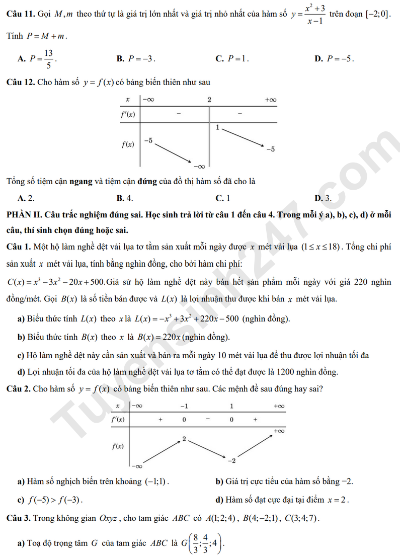 De thi giua ki 1 lop 12 mon Toan 2024 - THCS va THPT Hoa Sen (Co dap an)