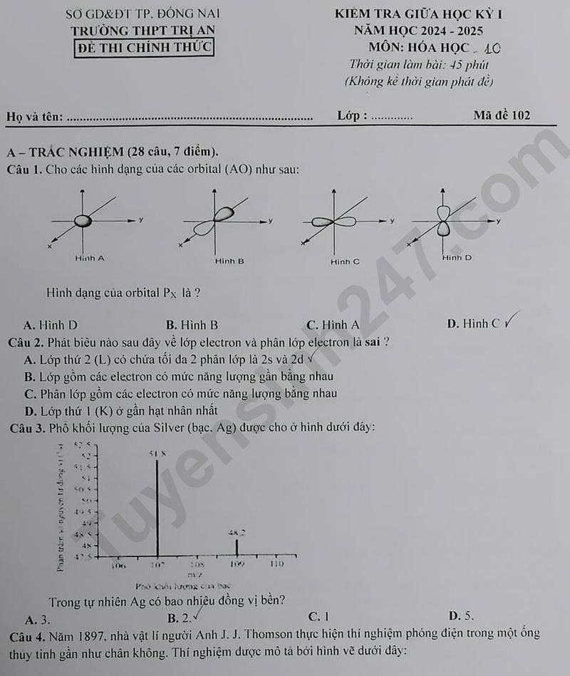 De thi giua HK1 lop 10 mon Hoa 2024 - THPT Tri An