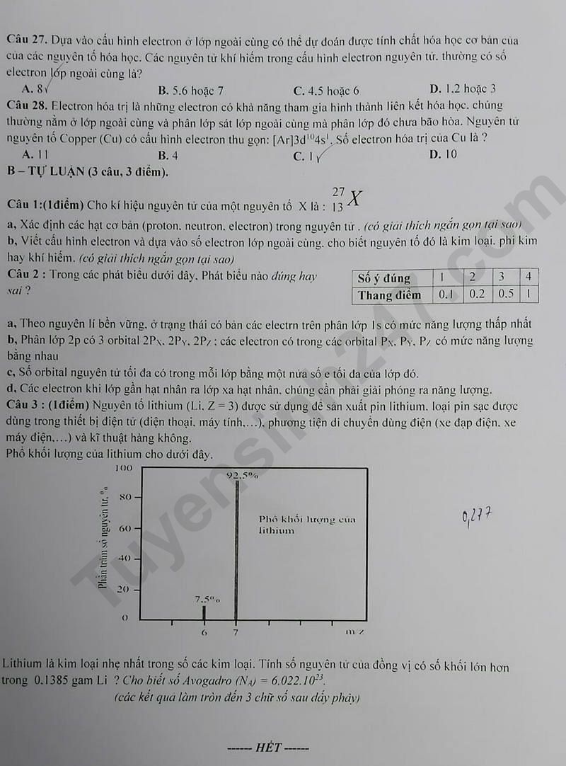 De thi giua HK1 lop 10 mon Hoa 2024 - THPT Tri An