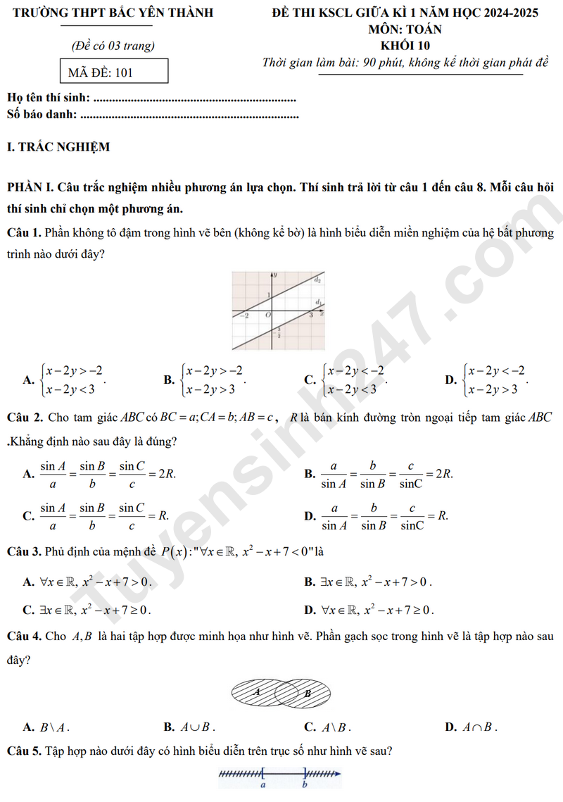De thi giua ki 1 lop 10 mon Toan - THPT Bac Yen Thanh 2024