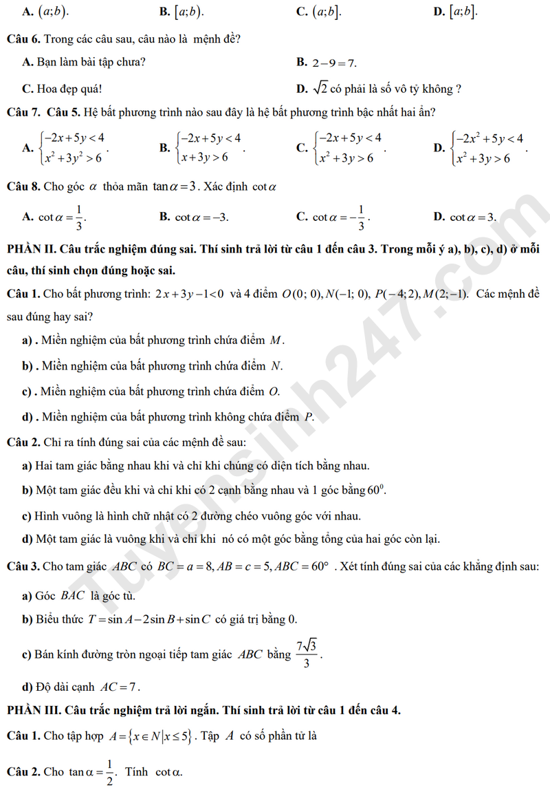 De thi giua ki 1 lop 10 mon Toan - THPT Bac Yen Thanh 2024