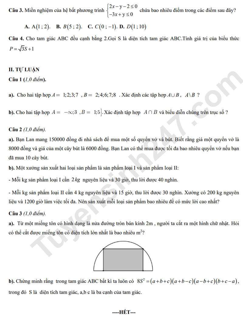 De thi giua ki 1 lop 10 mon Toan - THPT Bac Yen Thanh 2024
