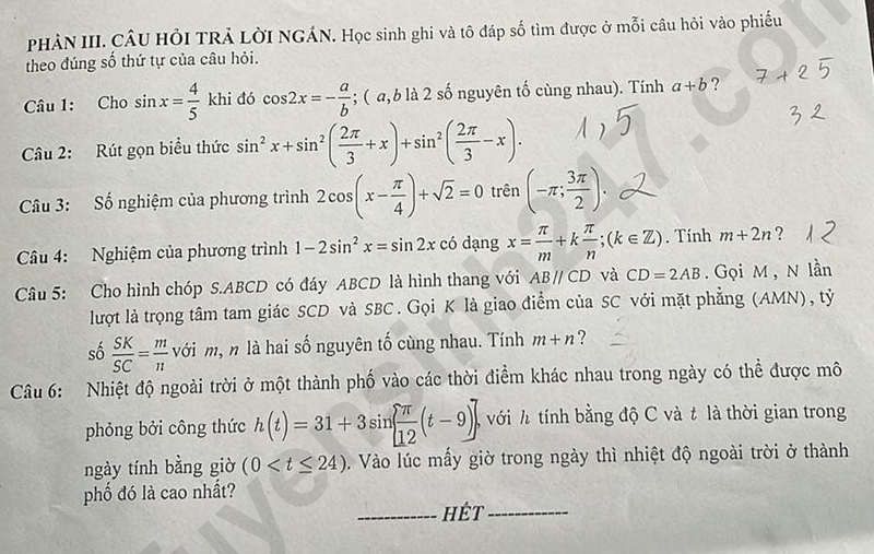 De thi giua ki 1 lop 11 mon Toan nam 2024 - THPT Huong Son