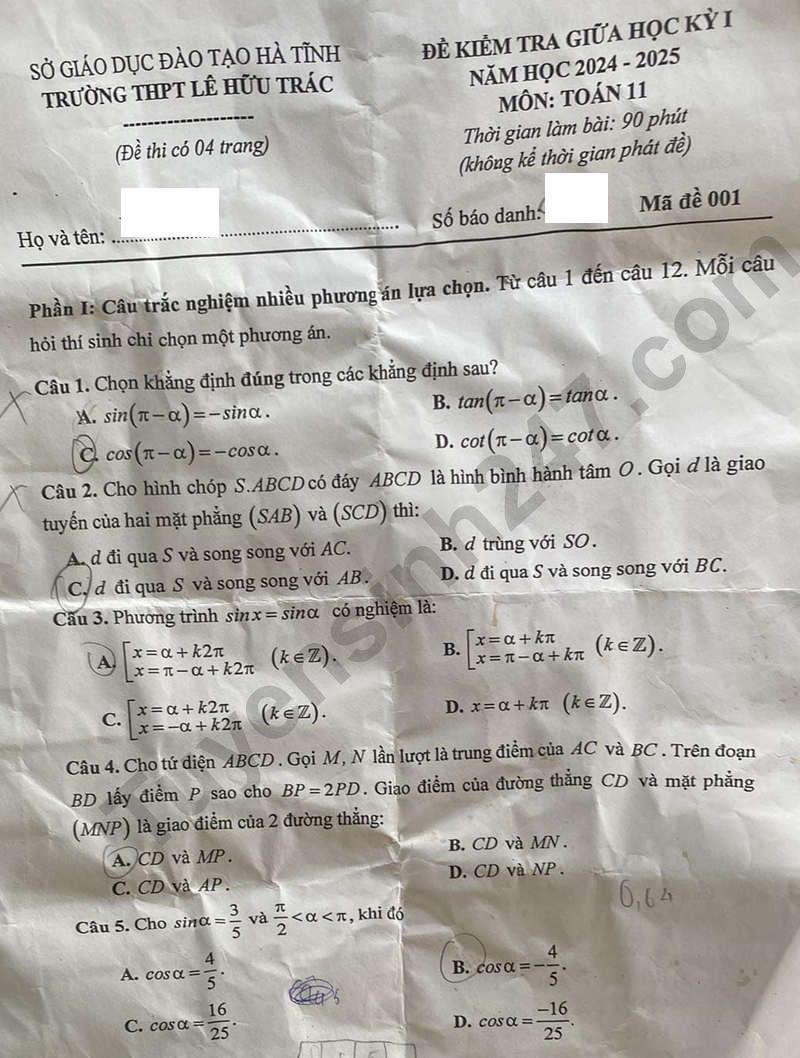 De thi giua HK1 lop 11 mon Toan 2024 - THPT Le Huu Trac