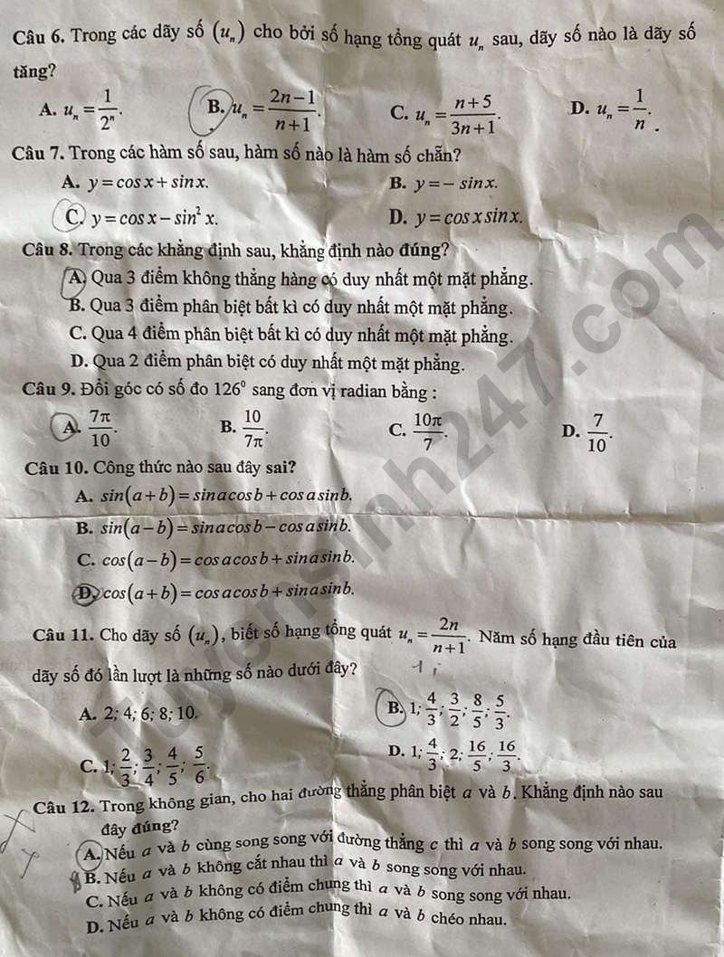 De thi giua HK1 lop 11 mon Toan 2024 - THPT Le Huu Trac
