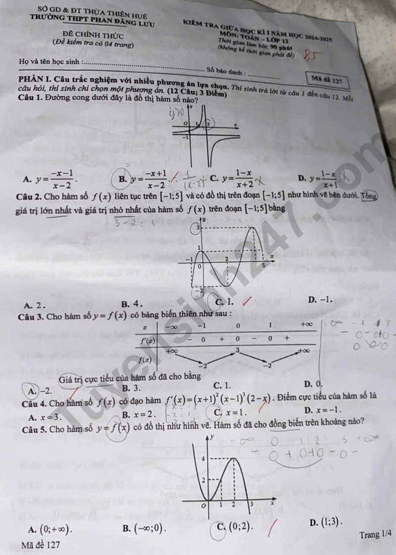 De thi giua ki 1 lop 12 mon Toan 2024  - THPT Phan Dang Luu