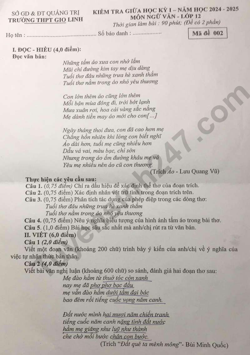 De thi giua HK1 lop 12 mon Van - THPT Gio Linh 2024