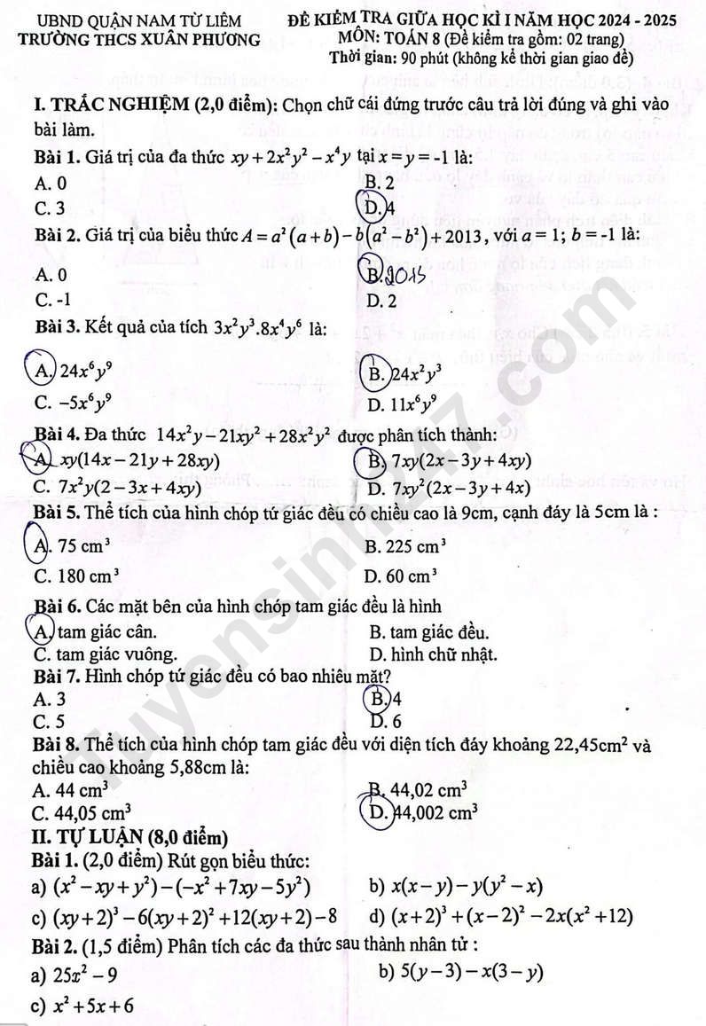 De thi giua ki 1 lop 8 mon Toan 2024 - THCS Xuan Phuong