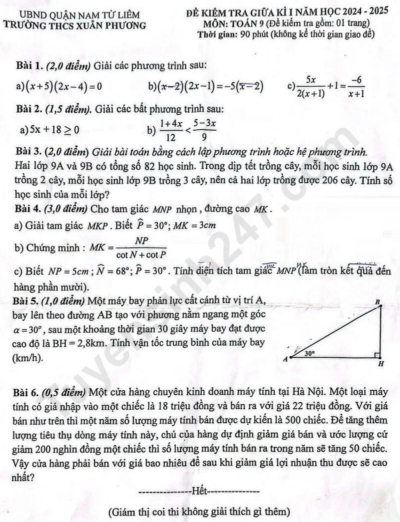 De thi giua ki 1 mon Toan lop 9 - THCS Xuan Phuong 2024