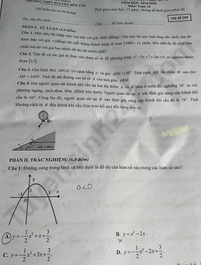De thi giua hoc ki 1 lop 10 mon Toan 2024 - THPT Nguyen Huu Cau
