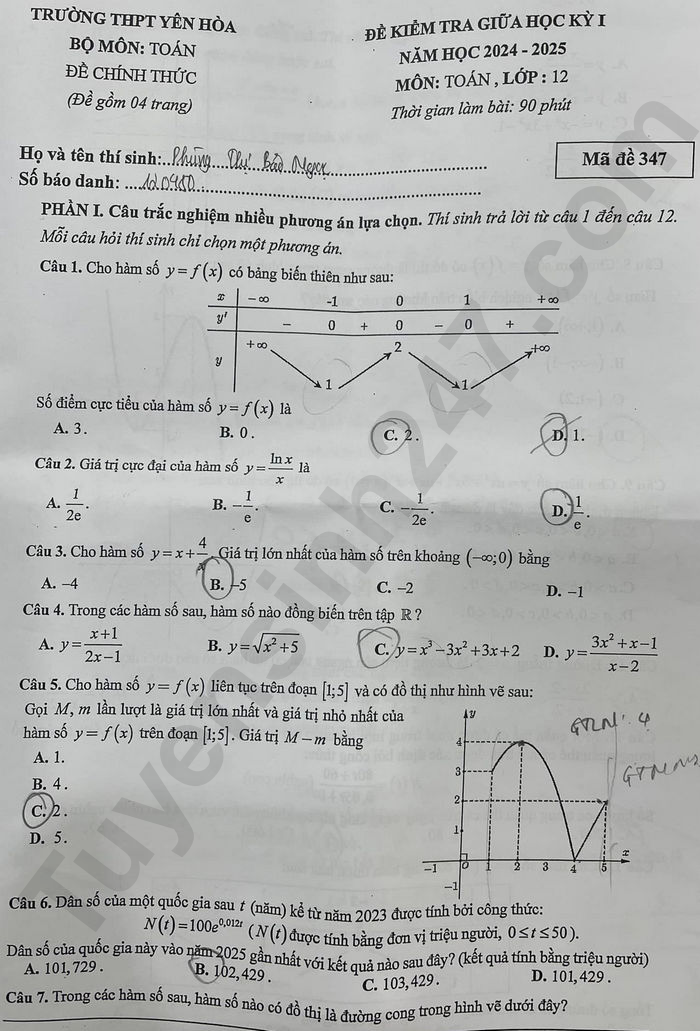 De thi giua ki 1 mon Toan lop 12 - THPT Yen Hoa 2024