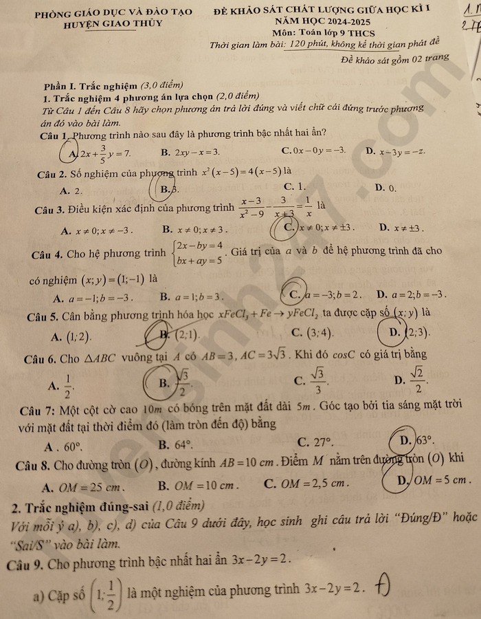 De thi giua ki 1 mon Toan lop 9 - Huyen Giao Thuy 2024