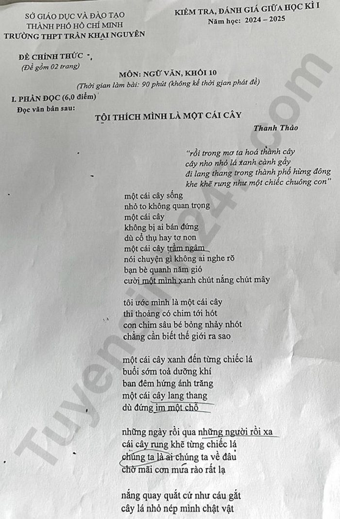 De thi giua HK1 lop 10 mon Van - THPT Tran Khai Nguyen 2024