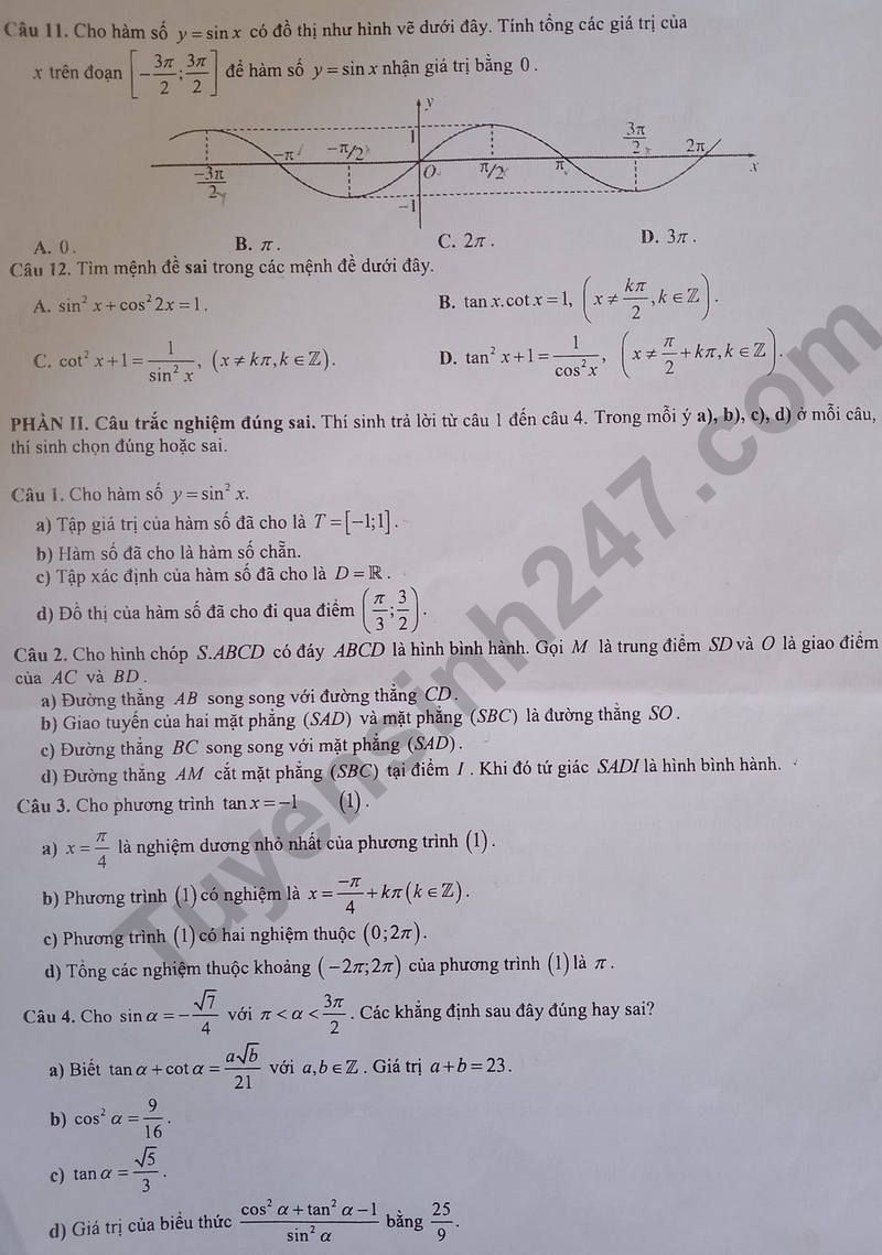 De thi giua ki 1 lop 11 mon Toan 2024 - THPT Xuan Truong