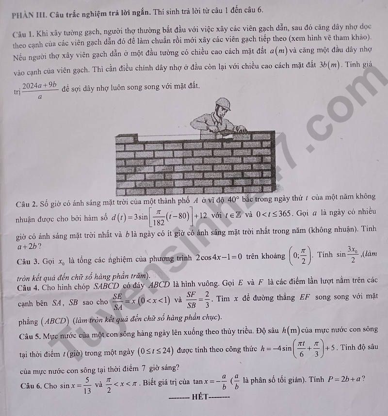 De thi giua ki 1 lop 11 mon Toan 2024 - THPT Xuan Truong