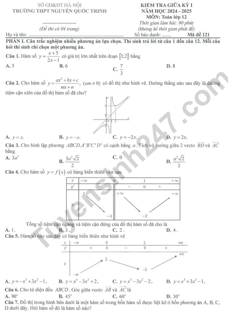 De thi giua HK1 lop 12 mon Toan - THPT Nguyen Quoc Trinh 2024