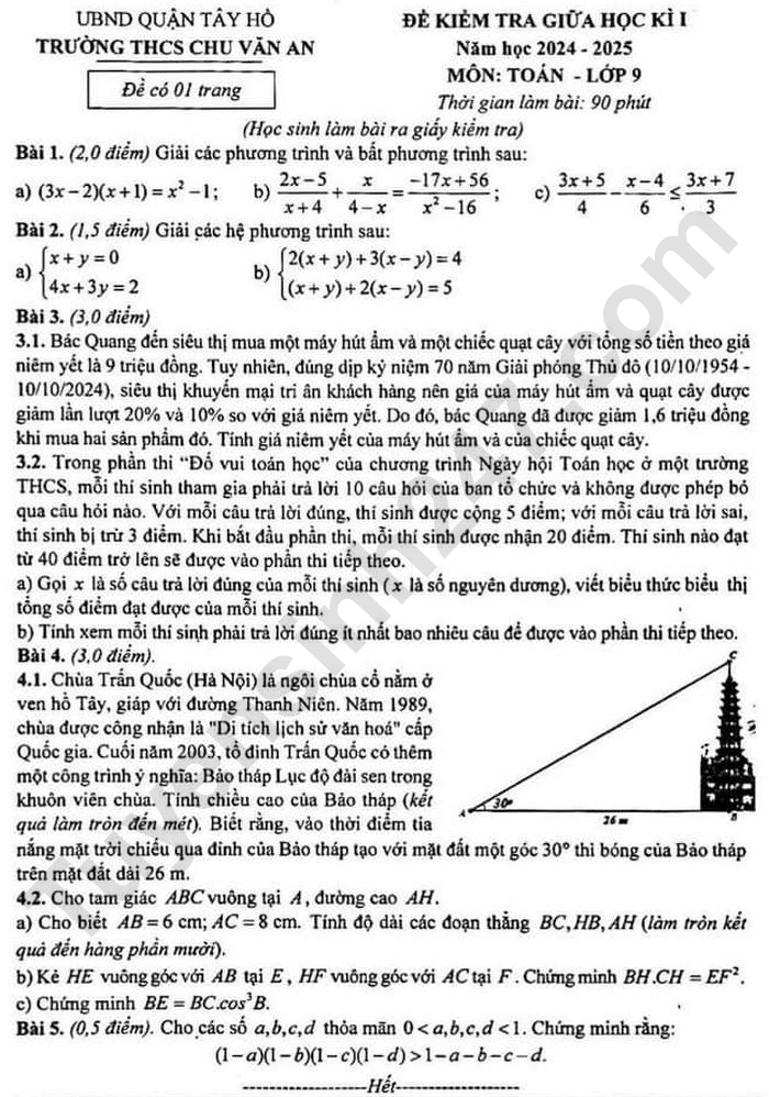 De thi giua ki 1 mon Toan lop 9 nam 2024 - THCS Chu Van An