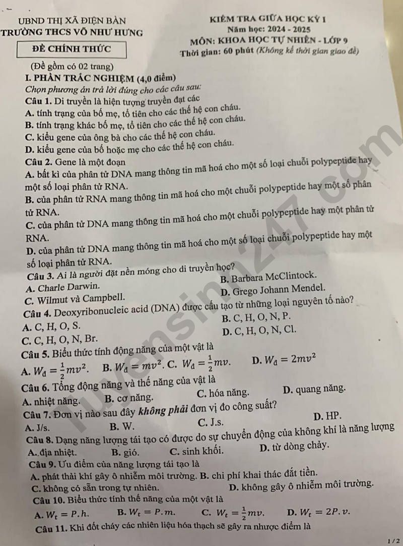 De thi giua HK1 lop 9 mon Khoa hoc tu nhien 2024 - THCS Vo Nhu Hung